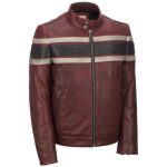Men’s Burgundy Retro Stripe Leather Biker Jacket