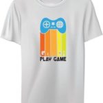Men’s “Gamer Play Game” Retro Stripe Graphic White T-Shirt
